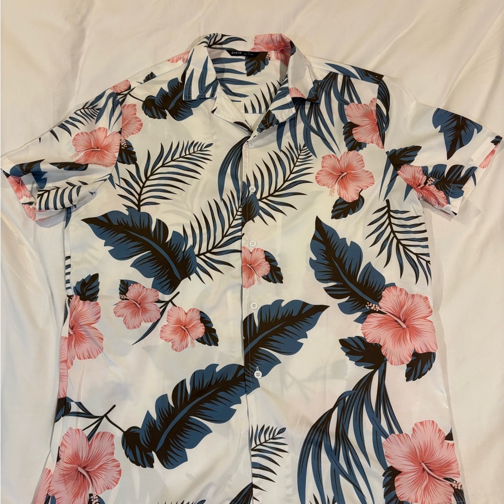 SHEIN White and Blue Casual Button Down Shirt Hawaiian print